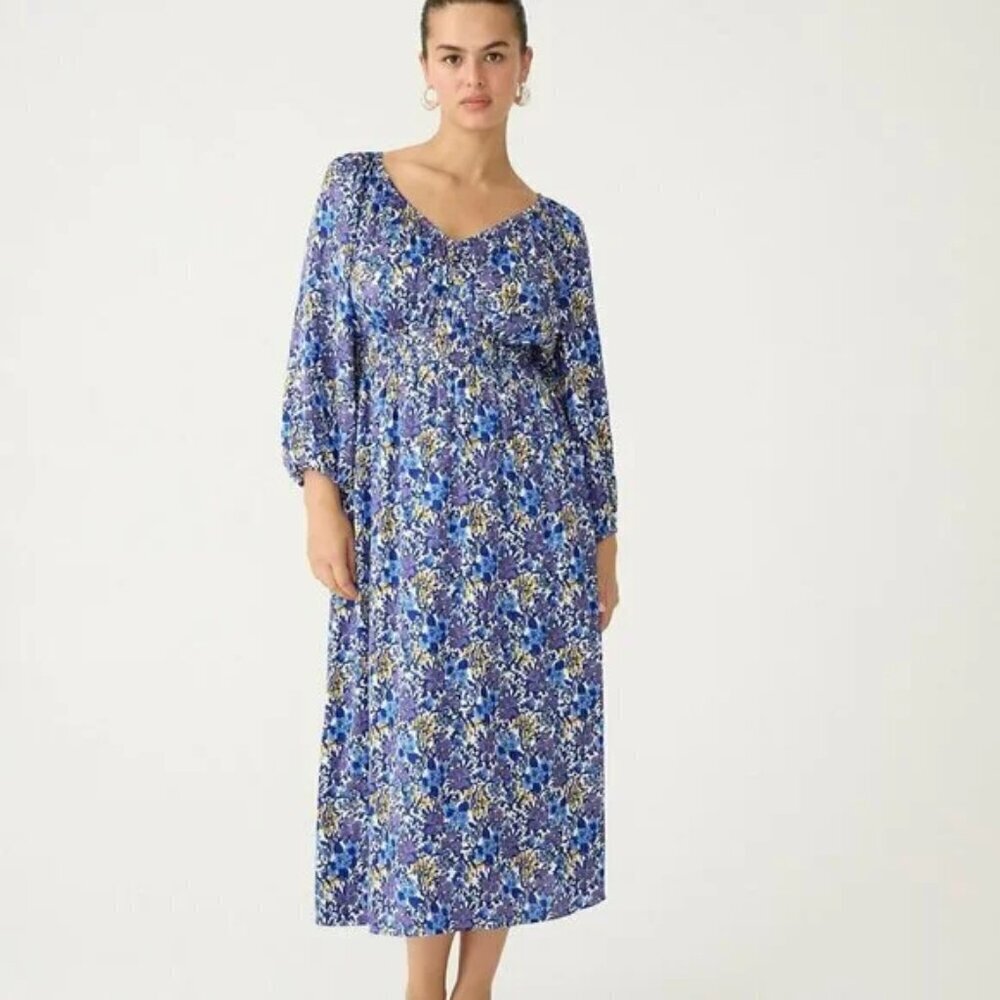 J.Crew Floral V-neck Midi Dress Size XS Blue Smocked Waist Work Wedding Event